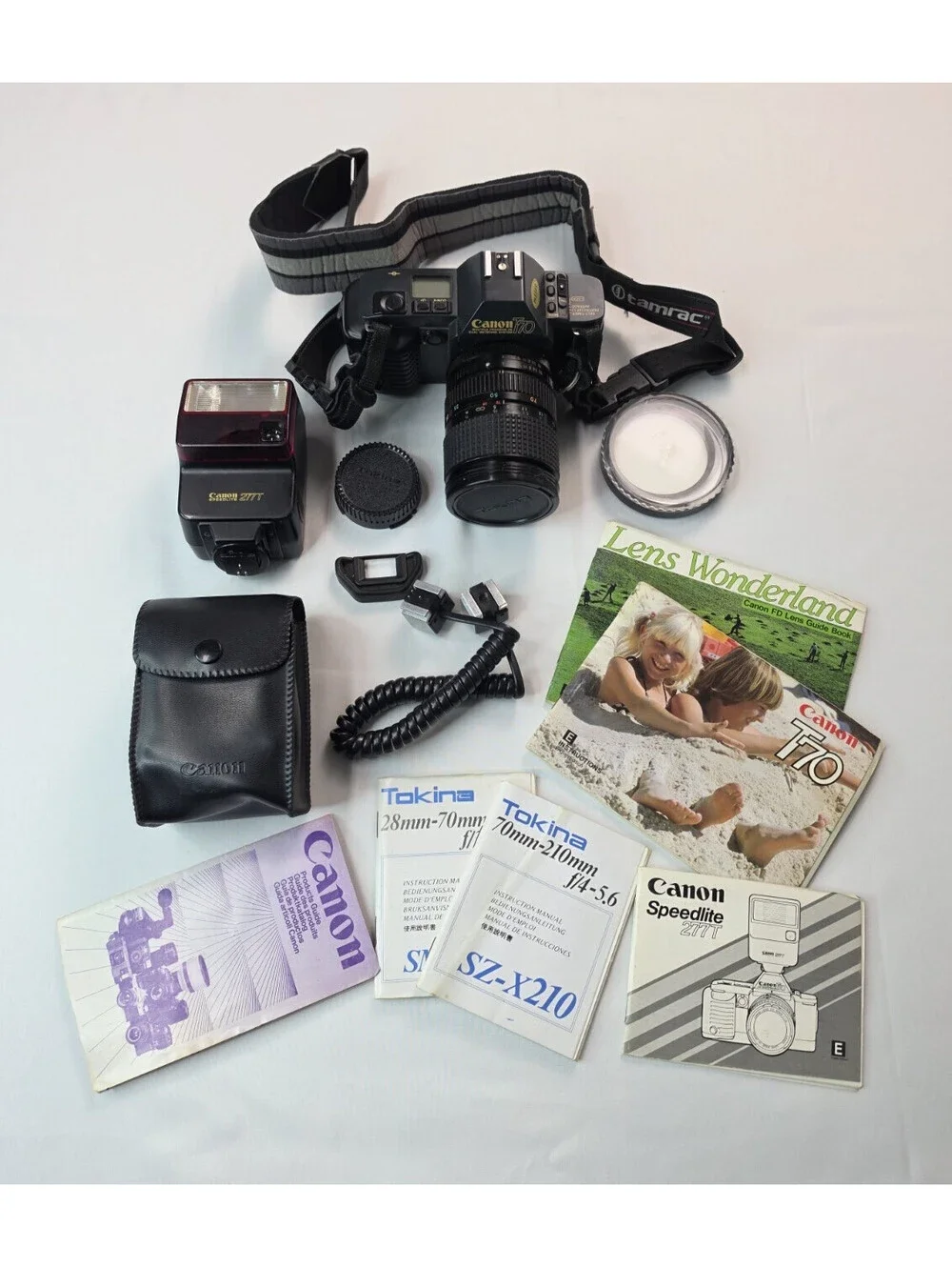Canon T-70 35mm SLR Film Camera Lot 277T Speedlite Tokina Zoom 28-70MM Lens